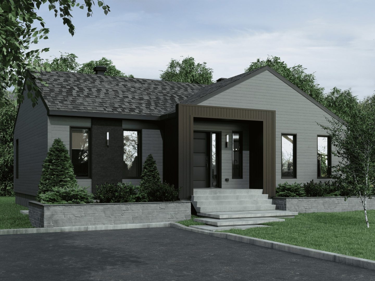 Emile model, a single-storey house in contemporary style. View of the exterior.
