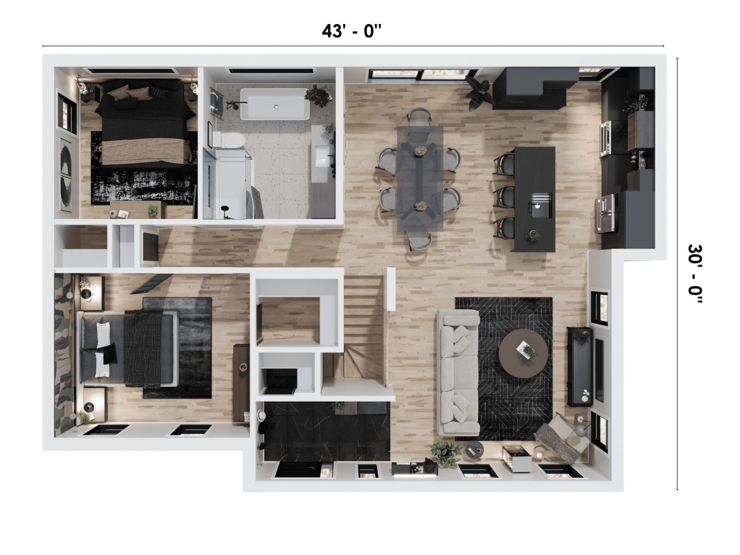 Modèle Émile, une maison de plain-pied de style contemporain. Vue du plan 3D avec mesure.