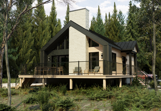 Noa model prefabricated chalet. Scandinavian style house chalet. Exterior view.