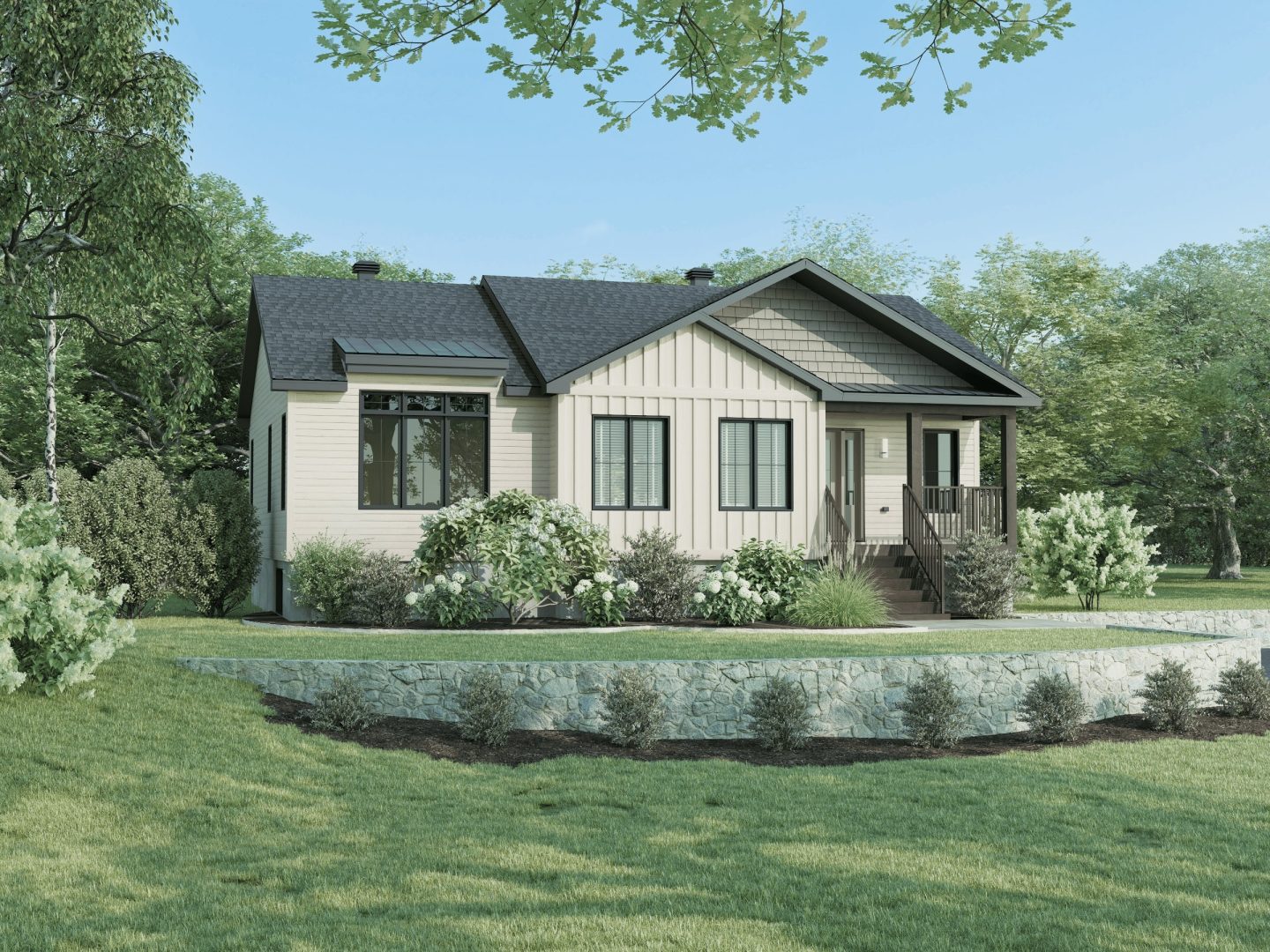 The Léa model is a bungalow in contemporary style. View from outside.