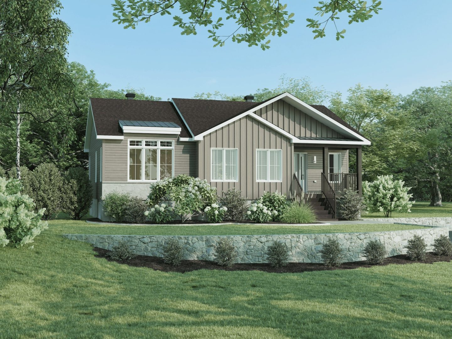 The Léa model is a bungalow in contemporary style. View from outside.