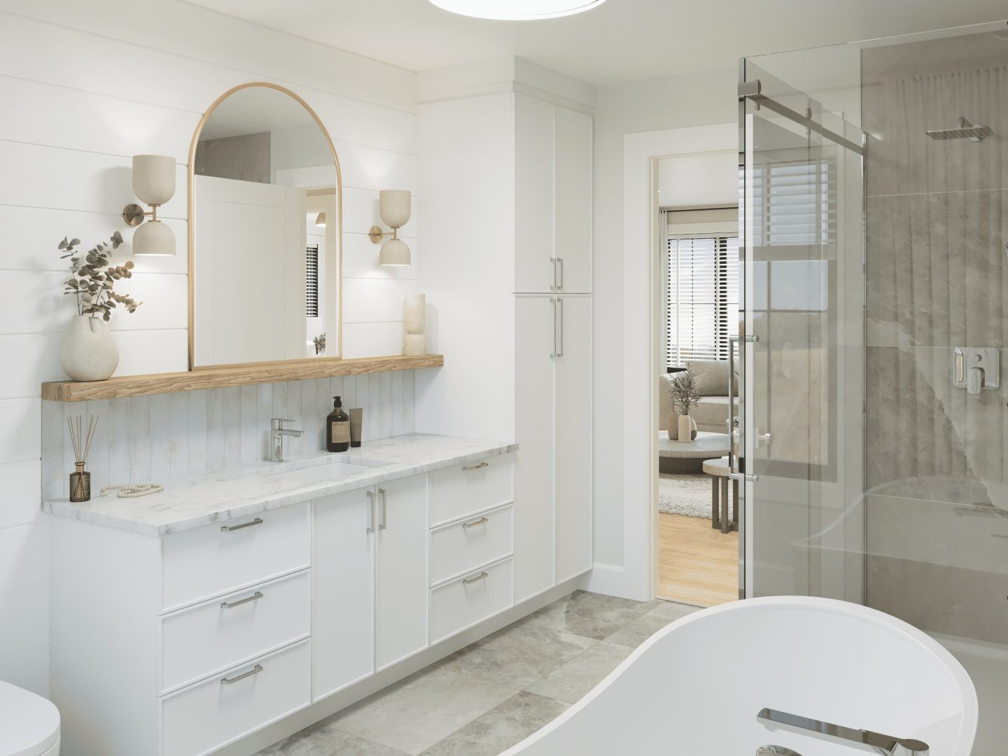 The Léa model is a contemporary-style bungalow. View of the bathroom.