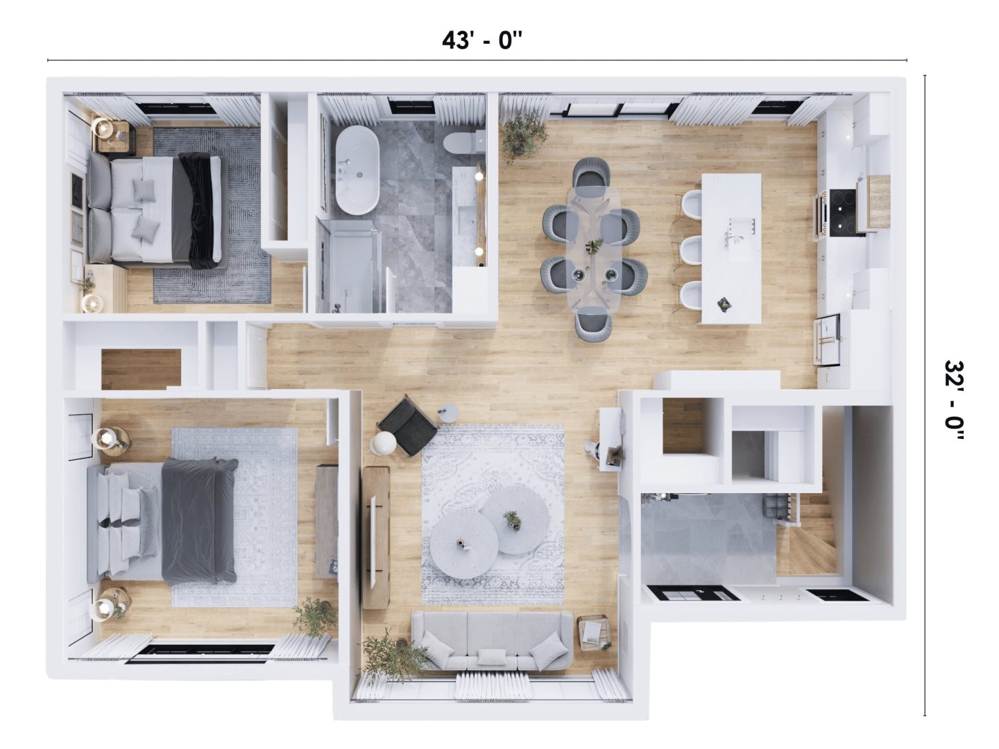 The Léa model is a contemporary single-storey home. 3D plan view.