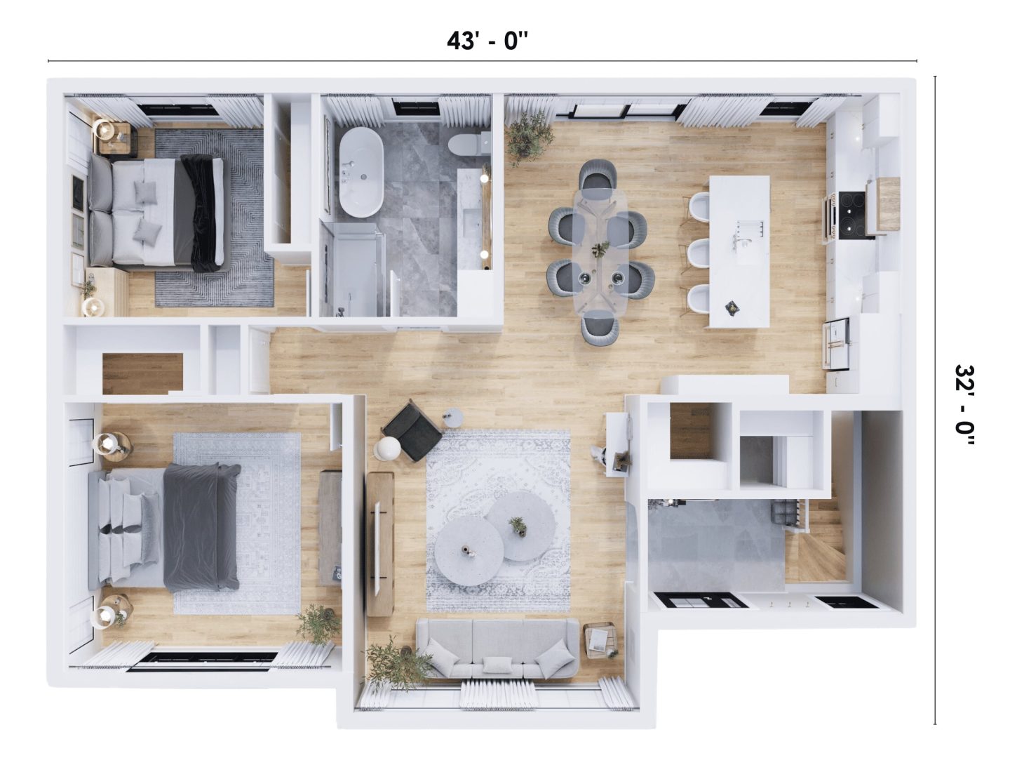 Le modèle Léa est un plain-pied de style contemporain. Vue du plan en 3D.