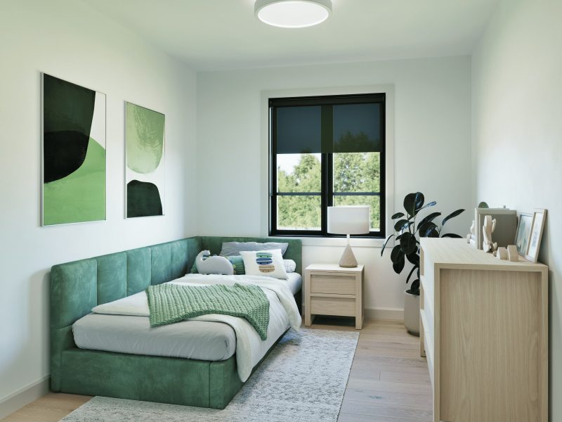 Le modèle Noova est une maison plain-pied de style contemporain. Vue de la chambre secondaire.
