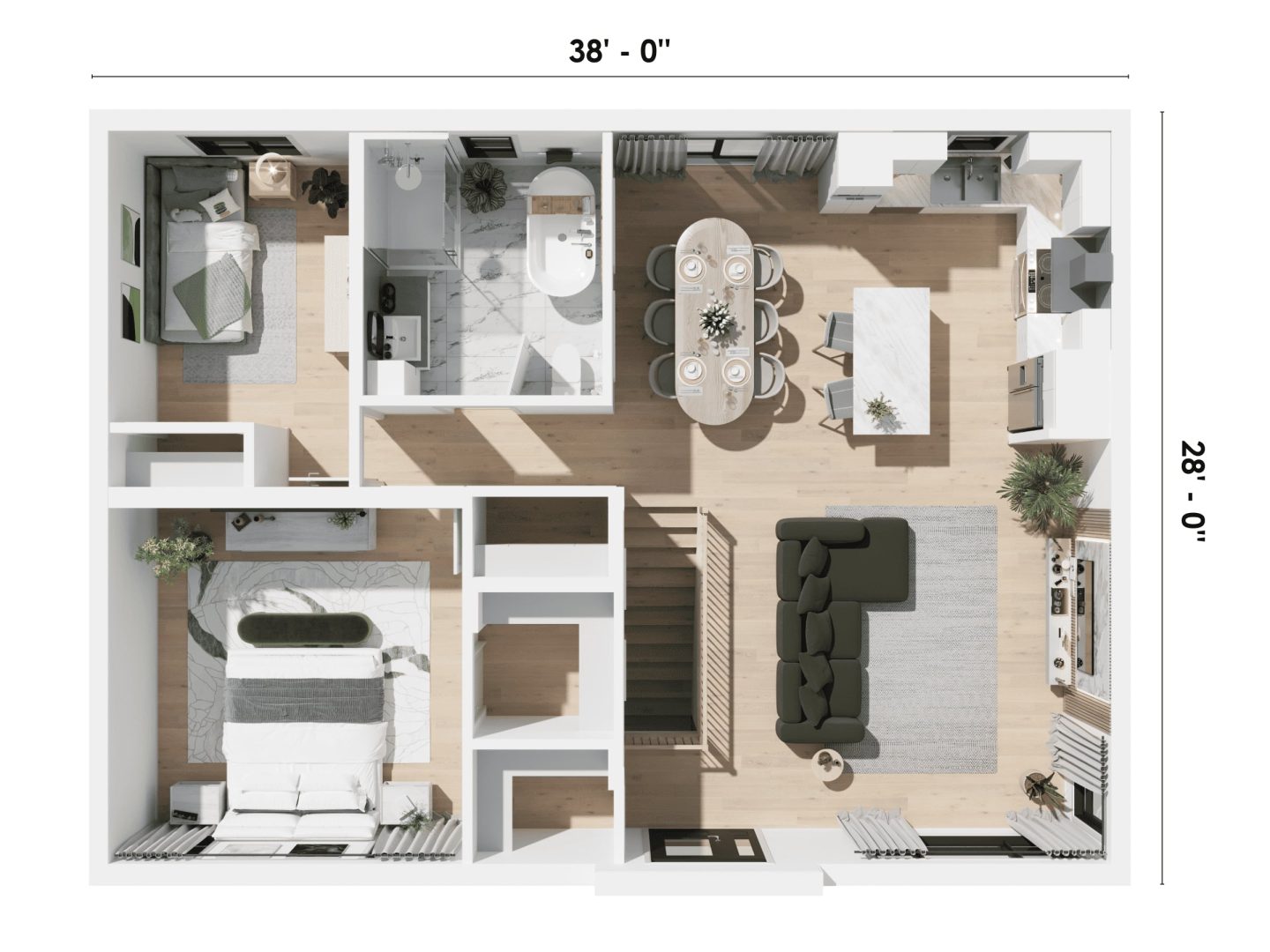 The Noova model is a single-storey house in a contemporary style. 3D plan view