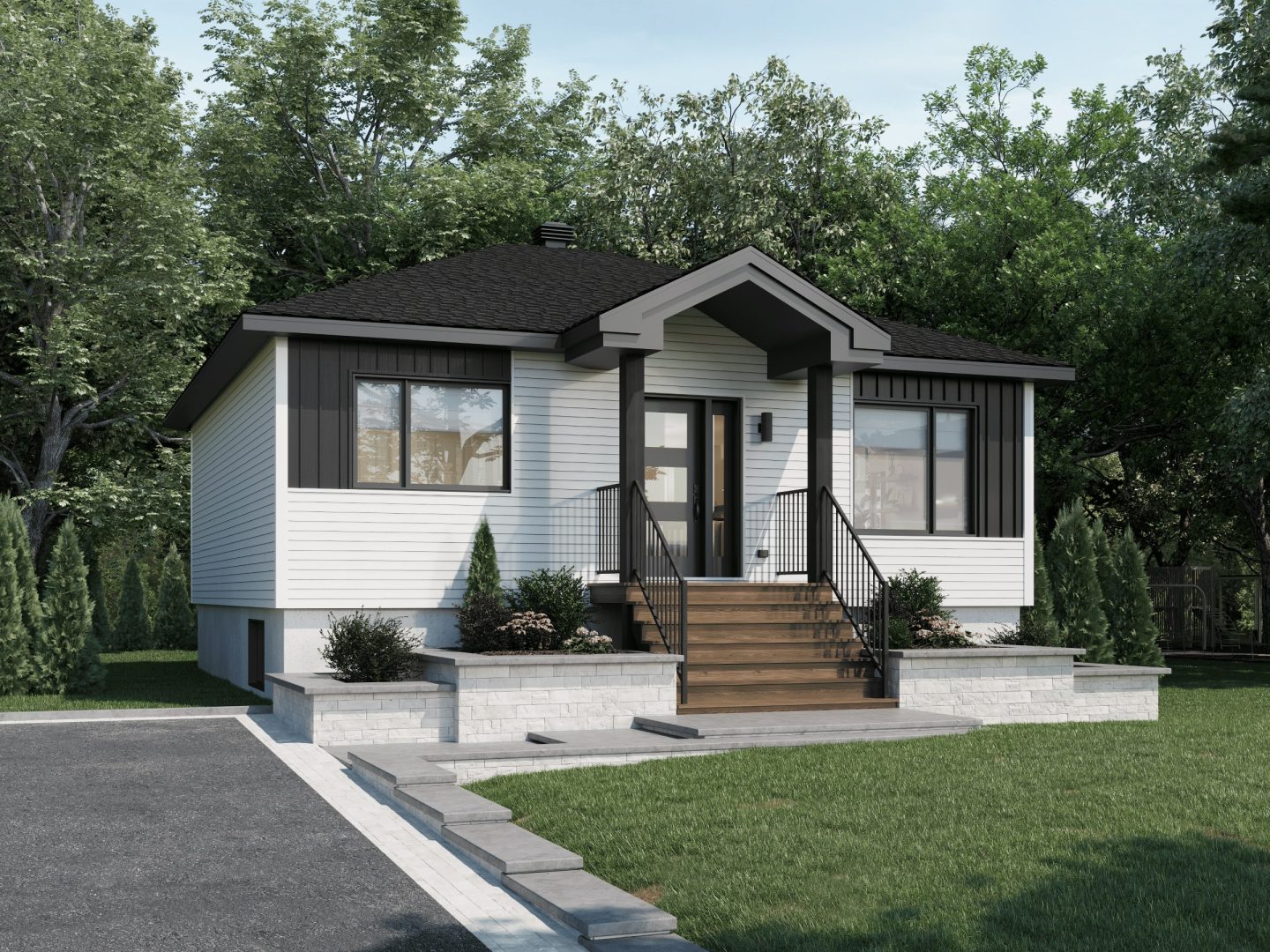 The Pixie model is a contemporary single-storey home. Exterior view