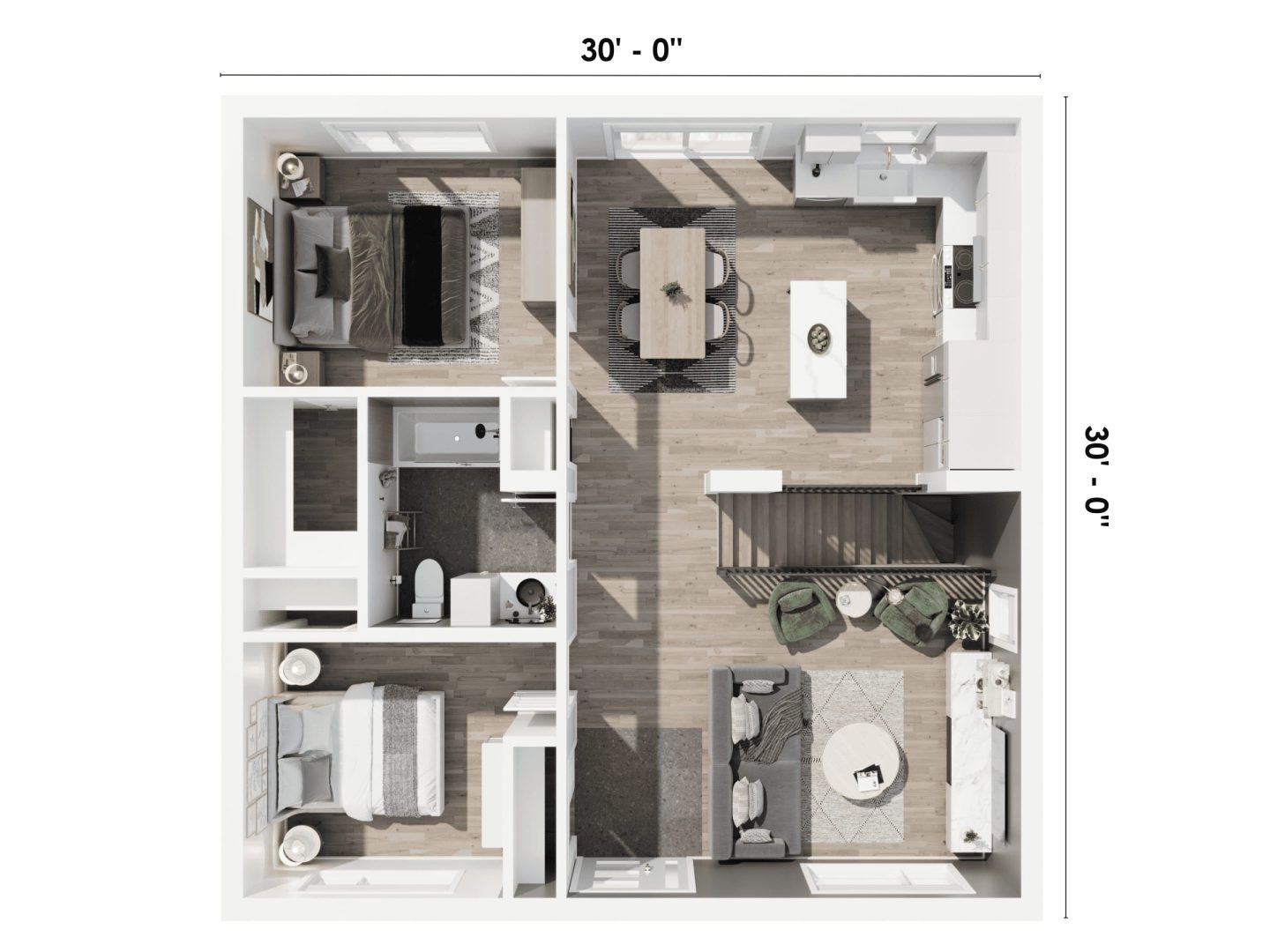 The Pixie model is a contemporary single-storey home. 3D plan view