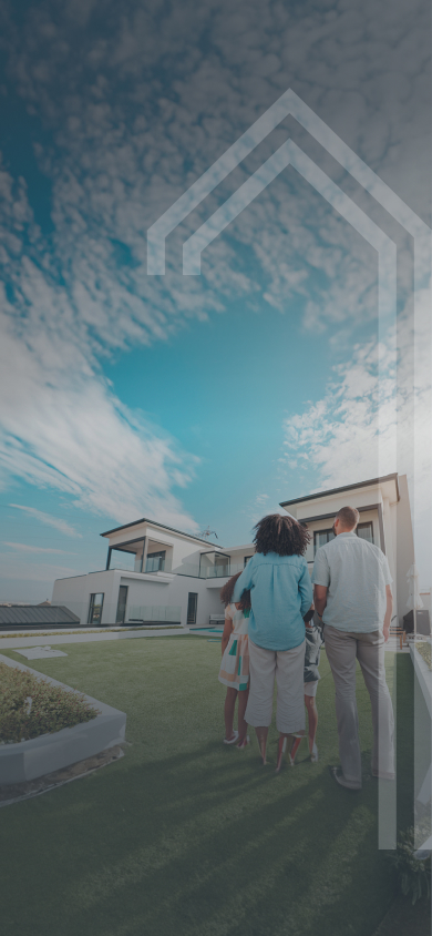 A family standing in front a house.