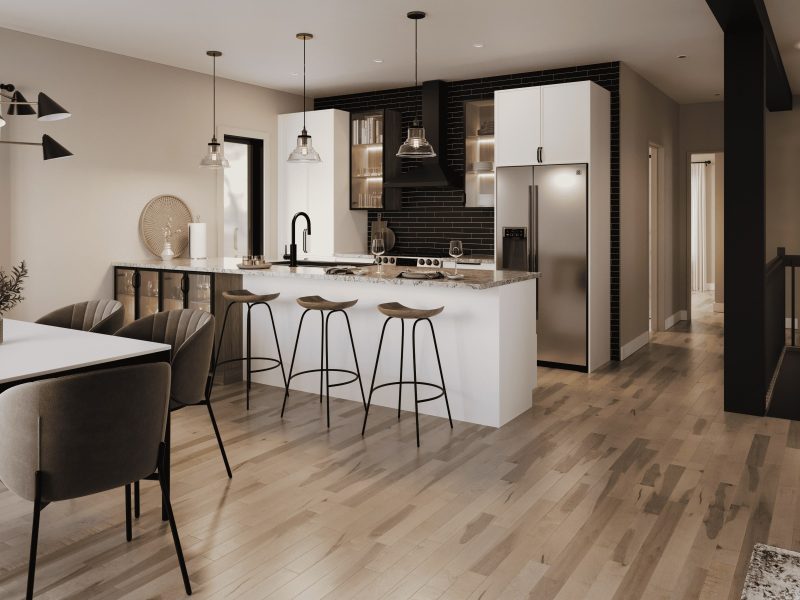 The Quatre-temps is a farmhouse-style single-storey home. View from the kitchen.