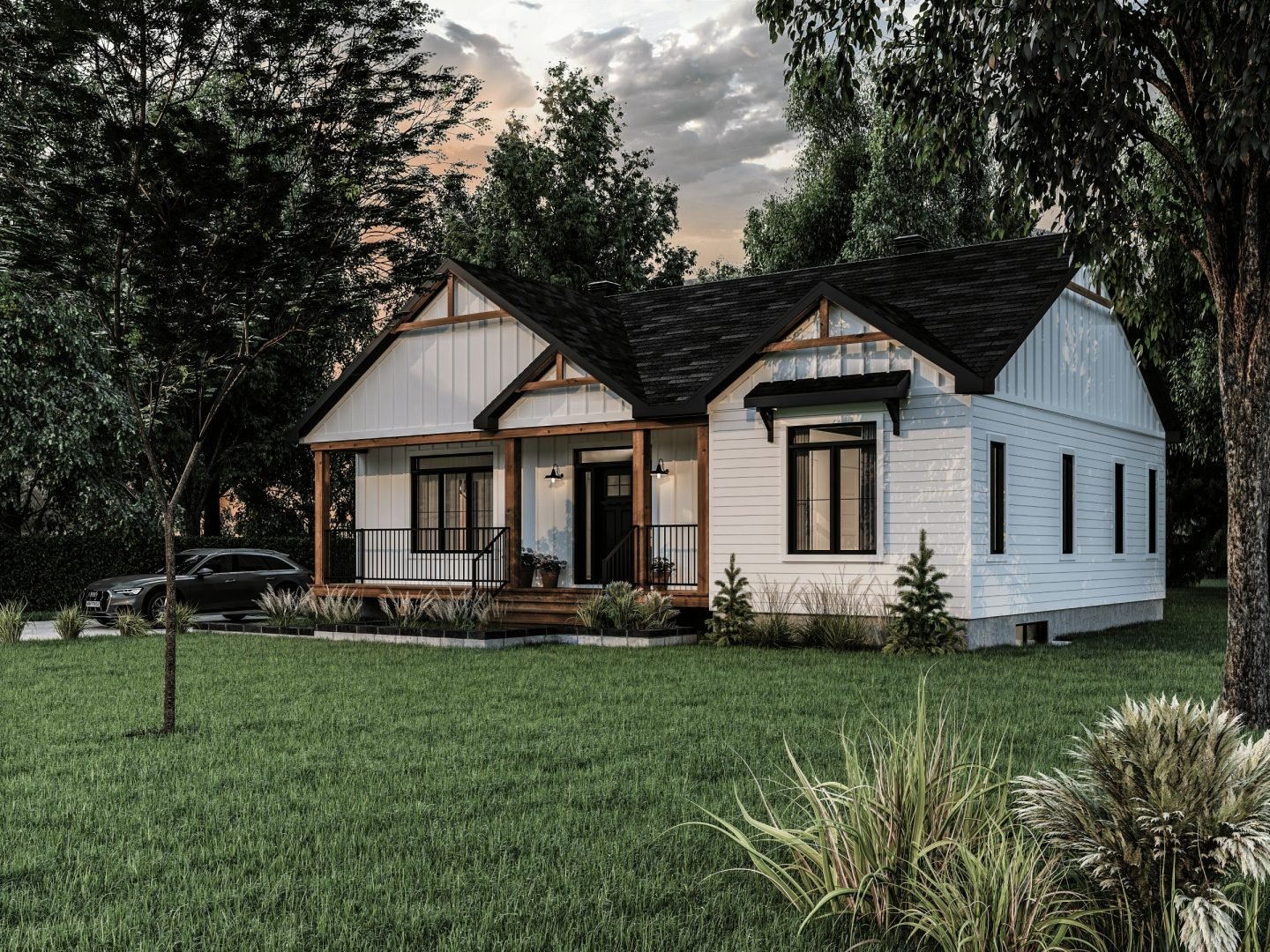 Modèle Quatre-temps est une maison plain-pied de style farmhouse. Vue de l'extérieur