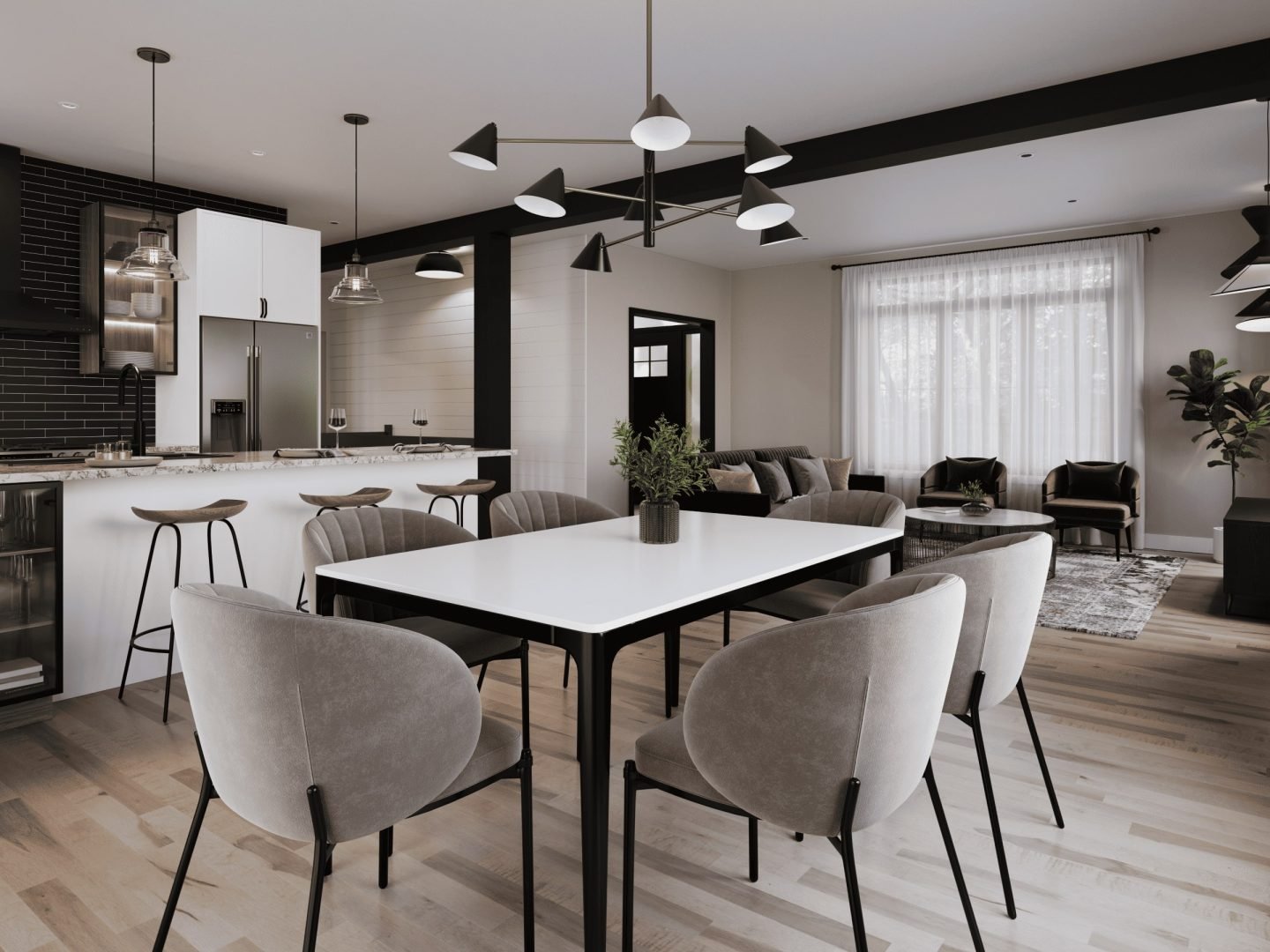 The Quatre-temps is a farmhouse-style single-storey home. View from living room.