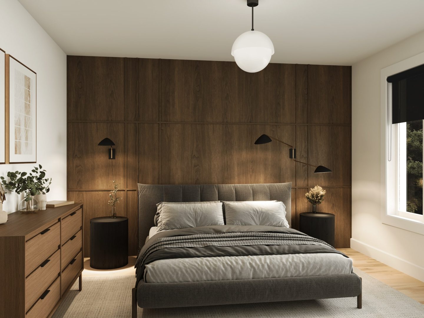 The Svalla model is a midcentury-style chalet. View of the master bedroom