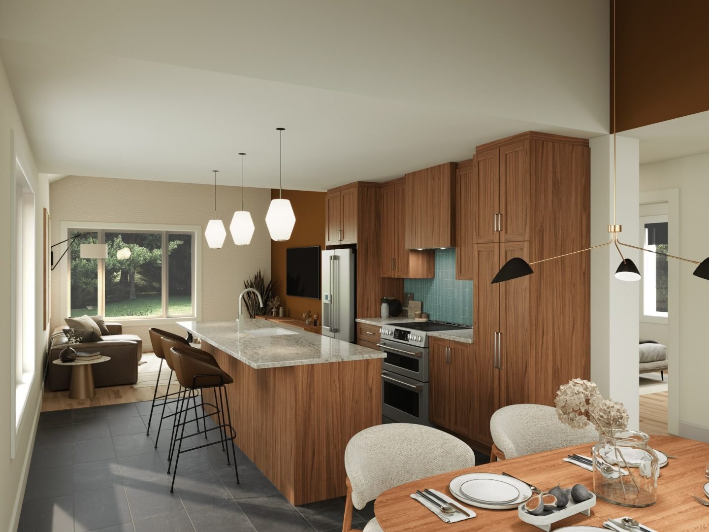 The Svalla model is a midcentury-style chalet. View from the kitchen.