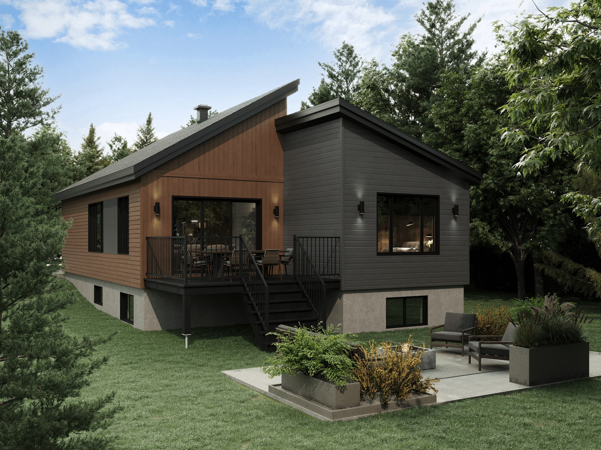 The Svalla model is a midcentury-style chalet. Exterior rear view.