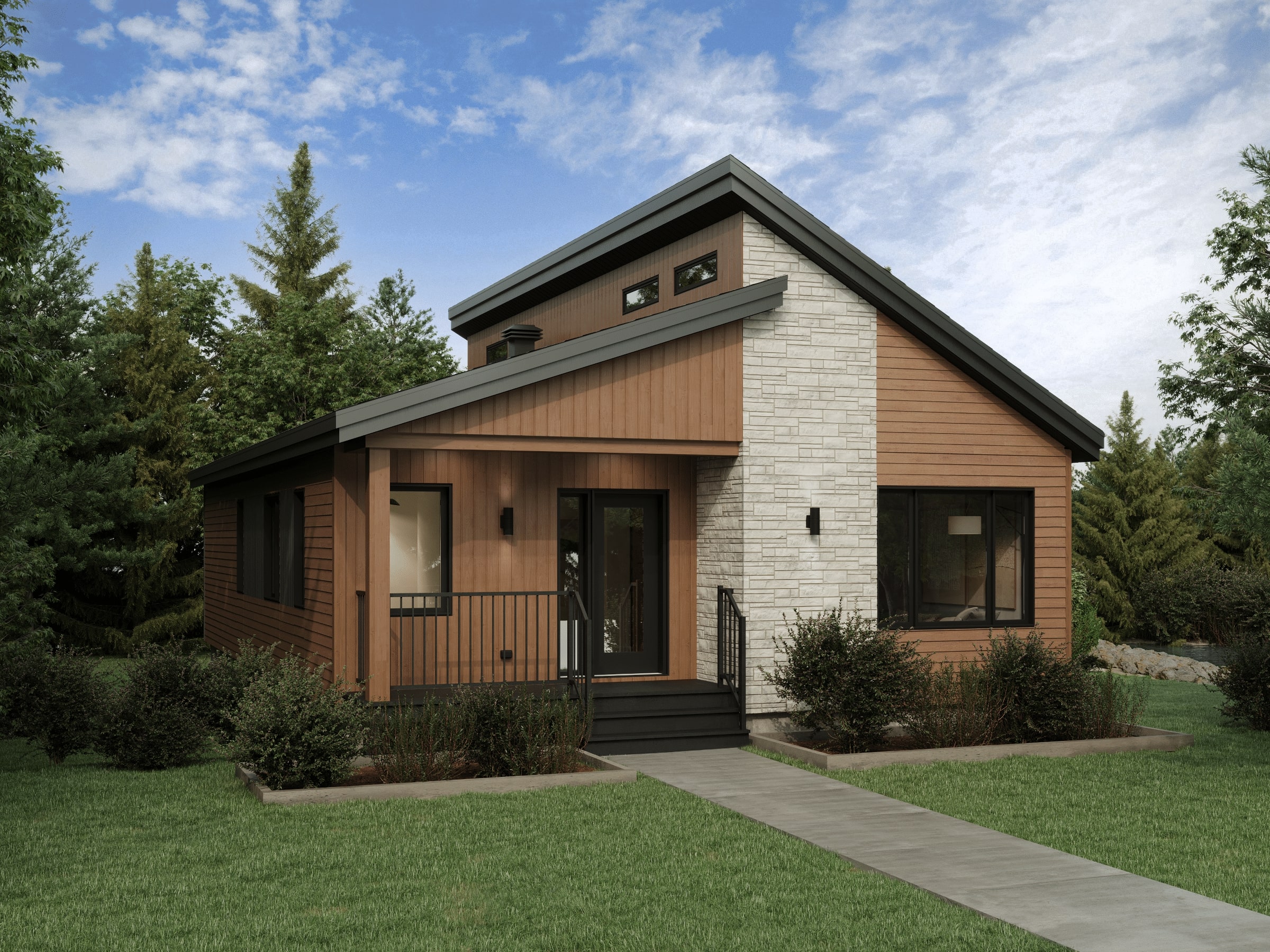 The Svalla model is a midcentury-style chalet. Front exterior view