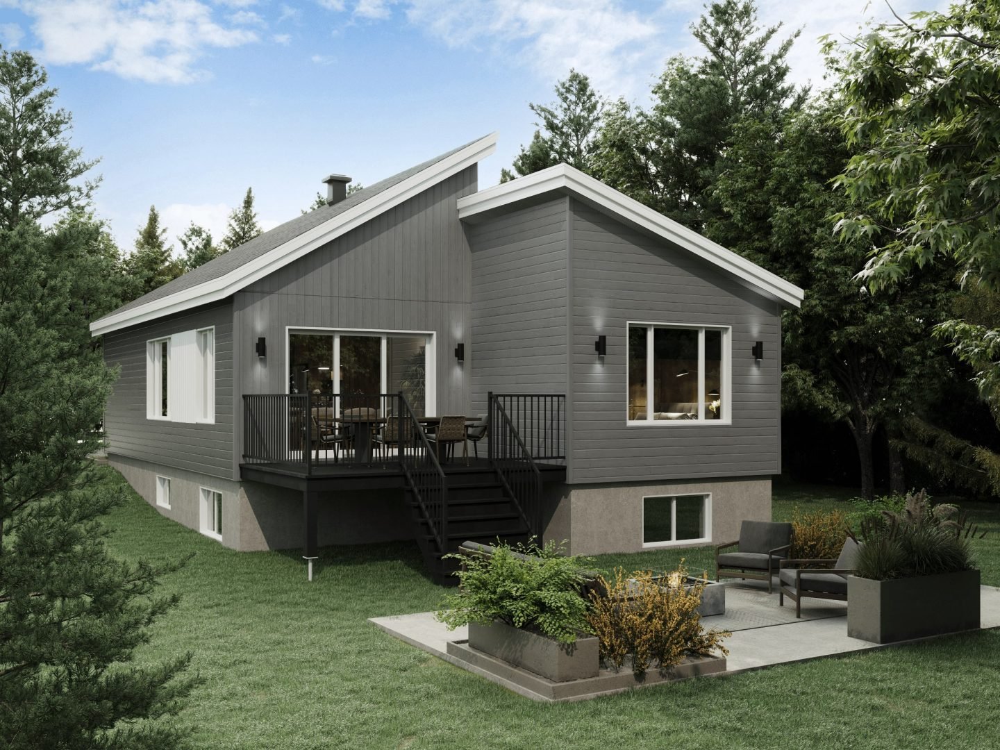 The Svalla model is a midcentury-style chalet. Exterior rear view.