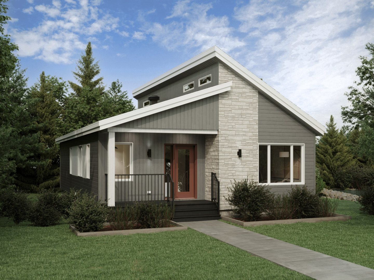 The Svalla model is a midcentury-style chalet. Front exterior view