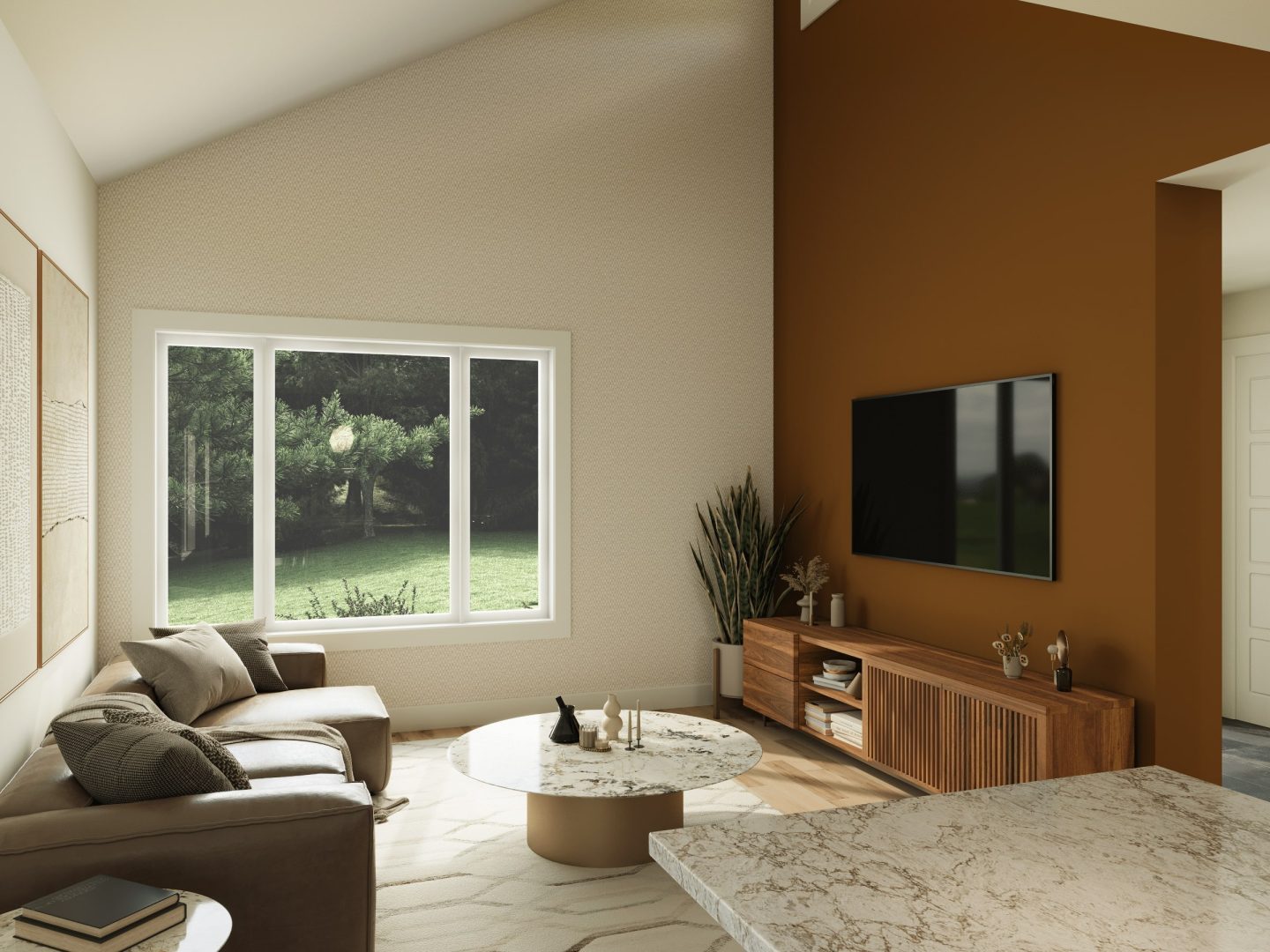 The Svalla model is a midcentury-style chalet. Living room view