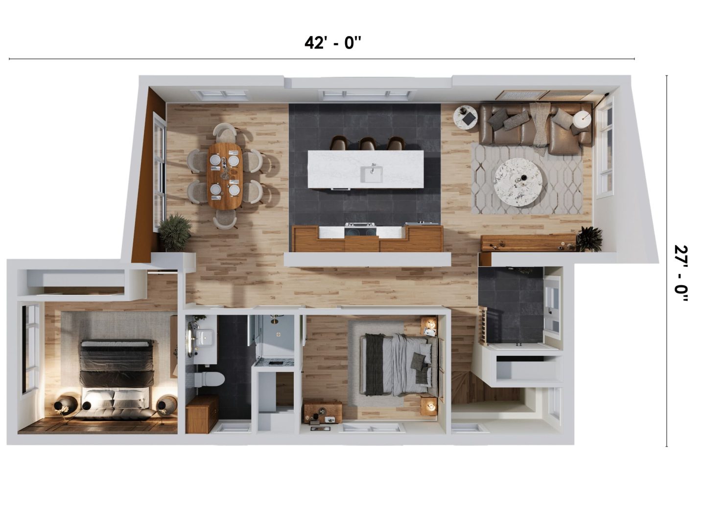 Model Svalla is a midcentury-style chalet. 3D plan view of the model.