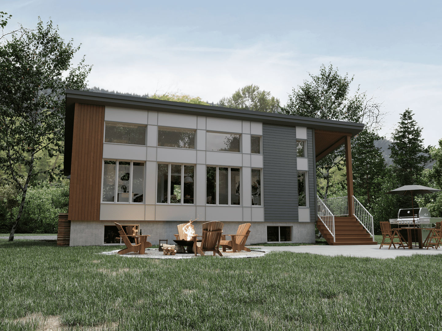 Alizé model, a modern-style chalet. View of the rear exterior