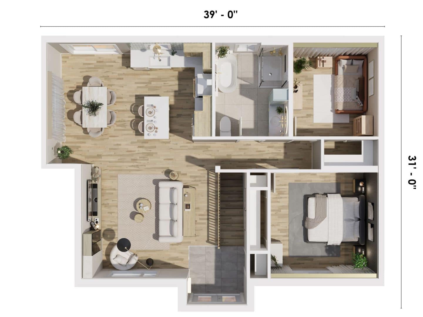 Modèle Cassia est une maison plain-pied de style Farmhouse . Vue du plan vu de haut en 3D