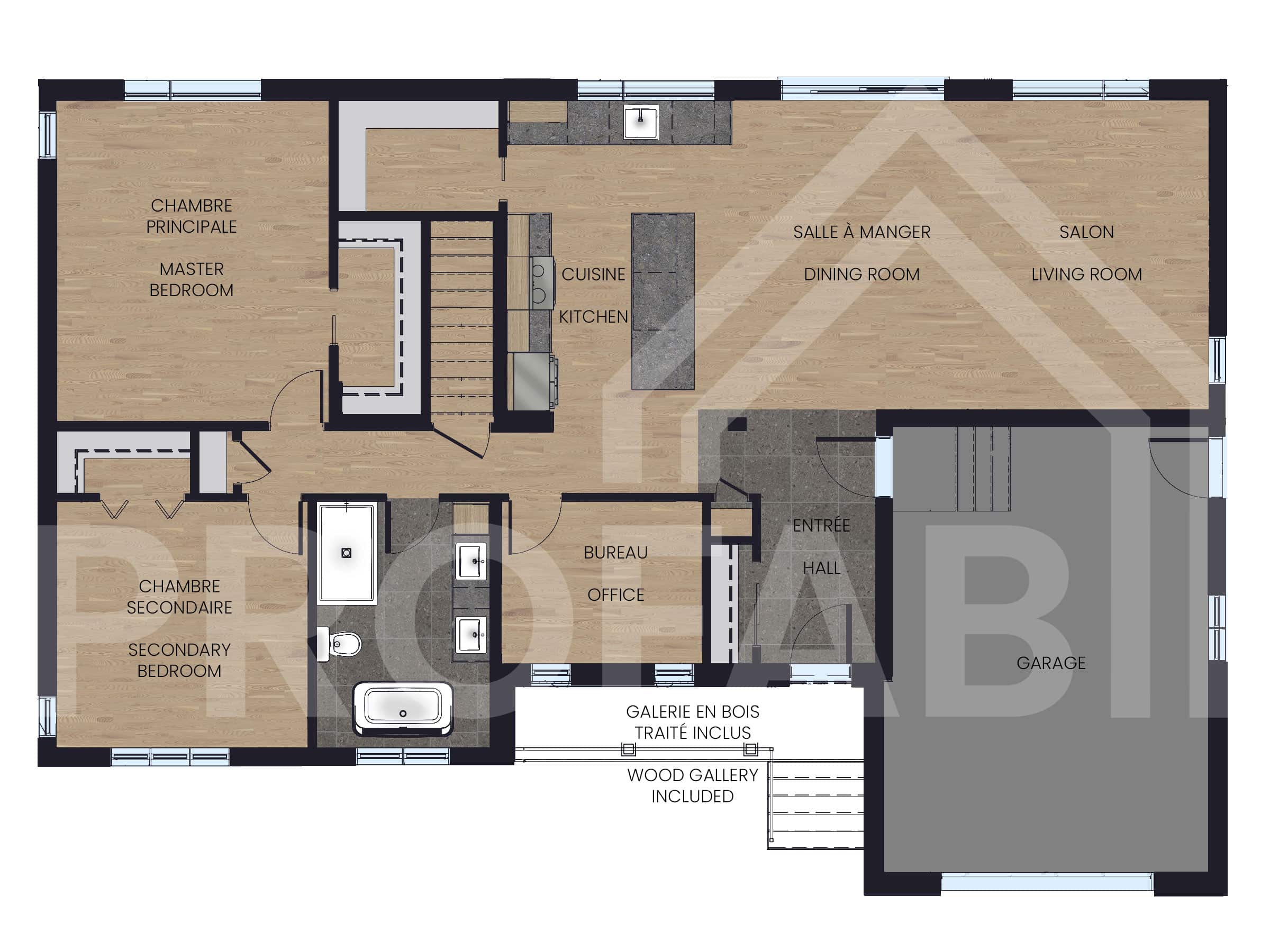 Le modèle Pacha est une maison de plain-pied de type farmhouse. Vue du plan 2D