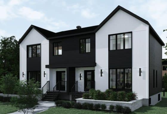 Dyade is a Farmhouse-style semi-detached model. View of the exterior.