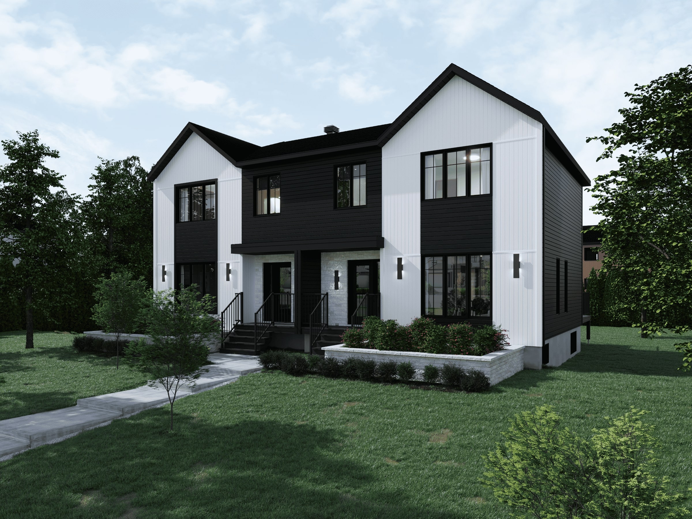 Dyade is a Farmhouse-style semi-detached model. View of the exterior.