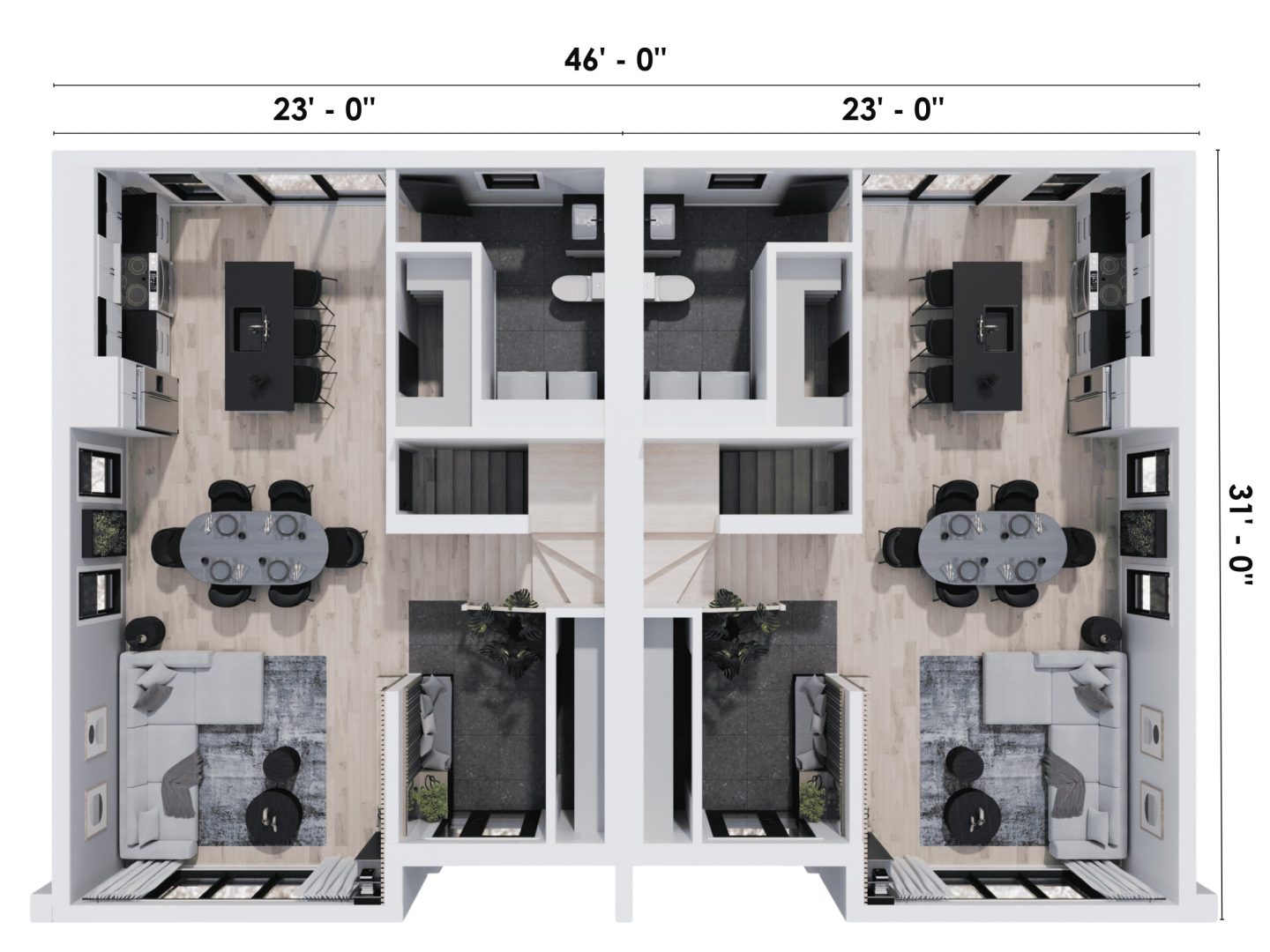 Plan du modèle Dyade. Un modèle jumelé de style Farmhouse. Vu en 3D