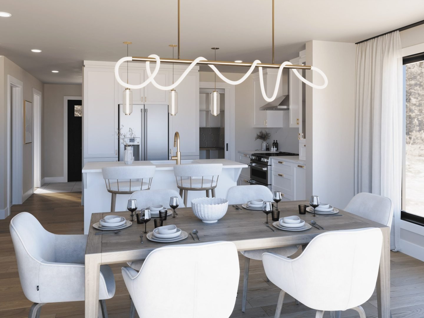 Edena model, a 2-story Farmhouse style house. View from the kitchen.