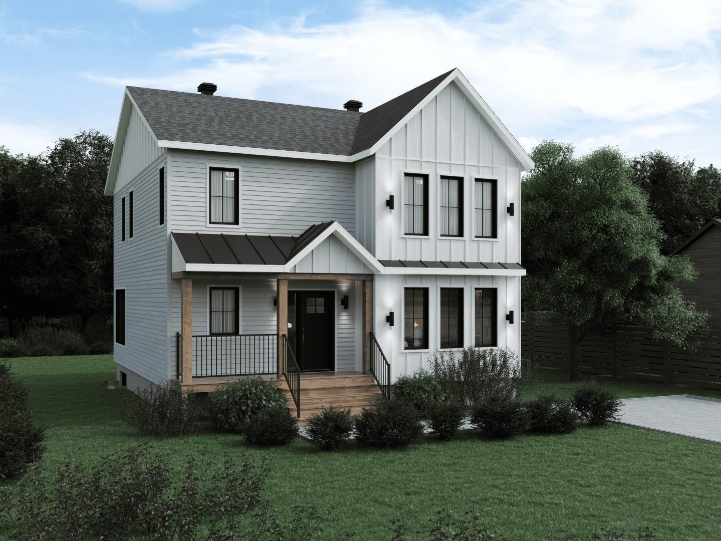 Edena model, a 2-story Farmhouse style house. View of the exterior.