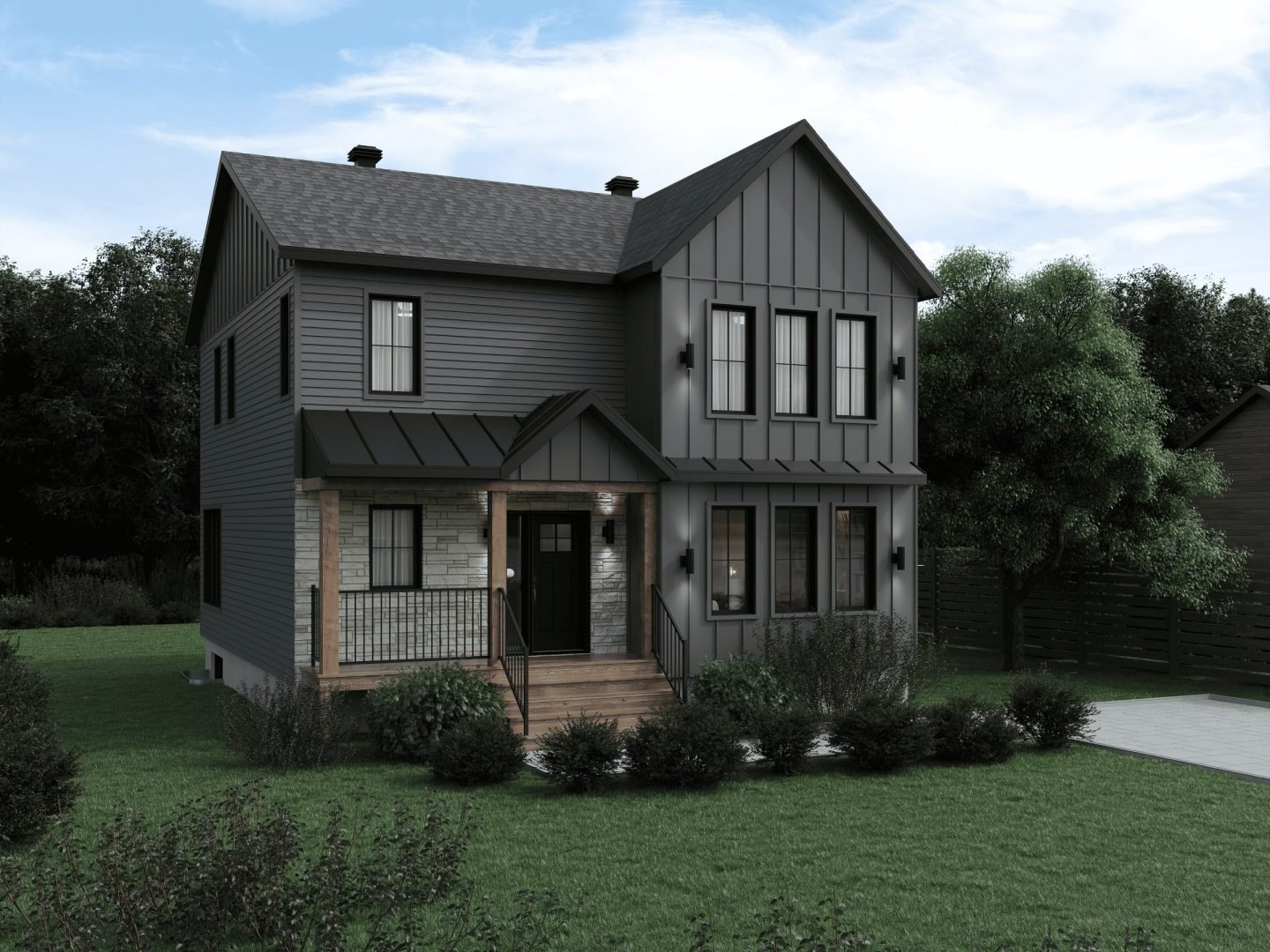 Edena model, a 2-story Farmhouse style house. View of the exterior.