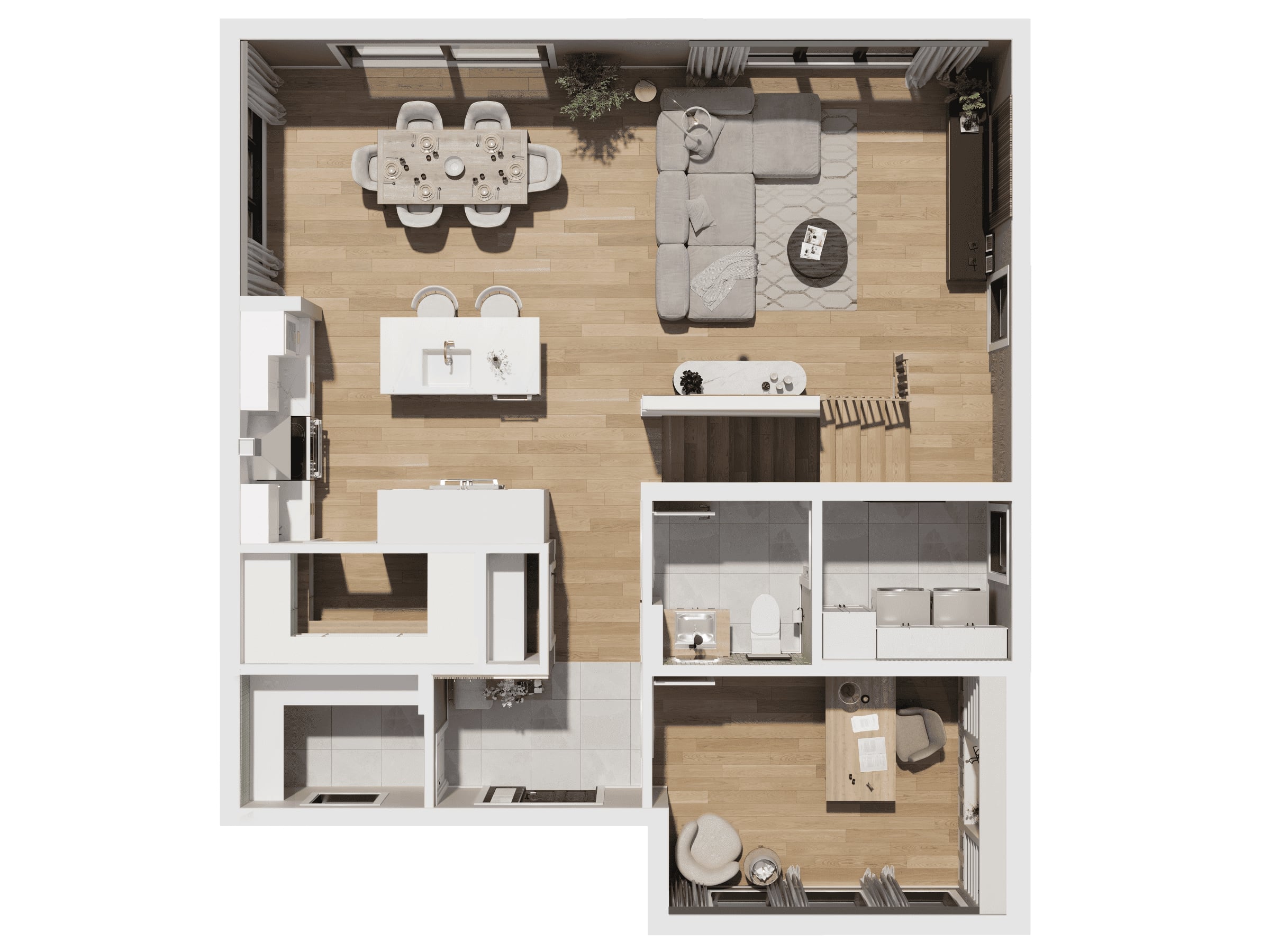 Modèle Edena, une maison 2 étages de style Farmhouse. Vu en 3D du plan de la maison, première étage.