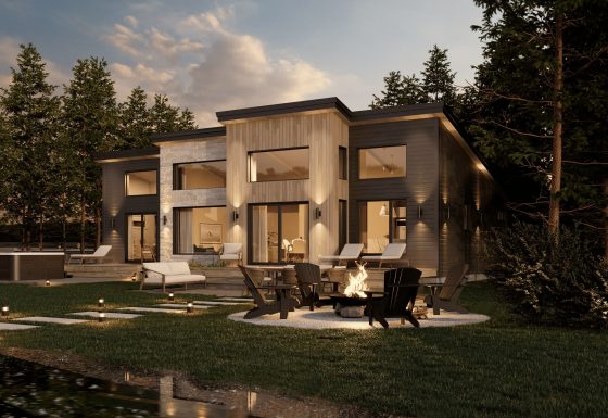L'Esplanade est un chalet de style méditerranéen. Vue de soir.