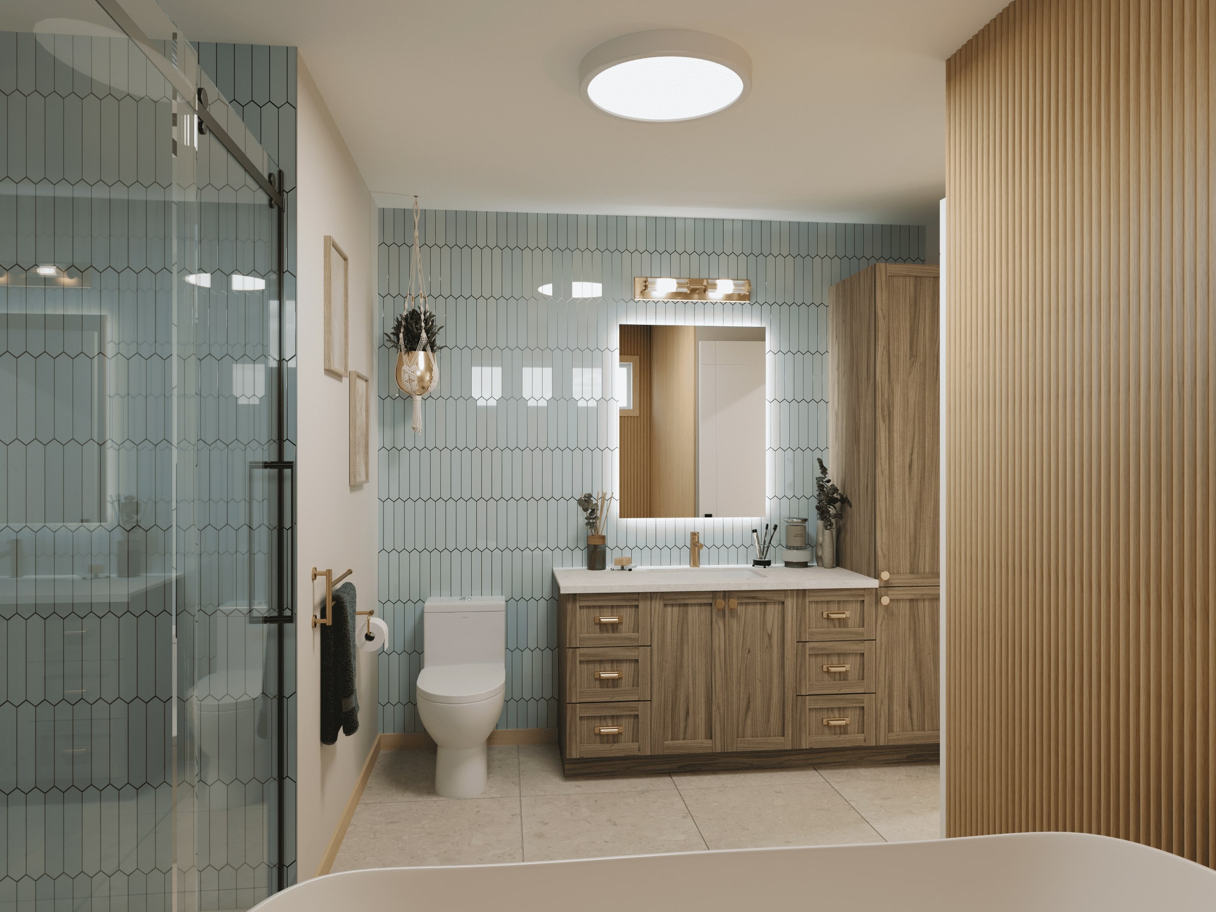 L'Esplanade est un chalet de style méditerranéen. Vue de la salle de bain.