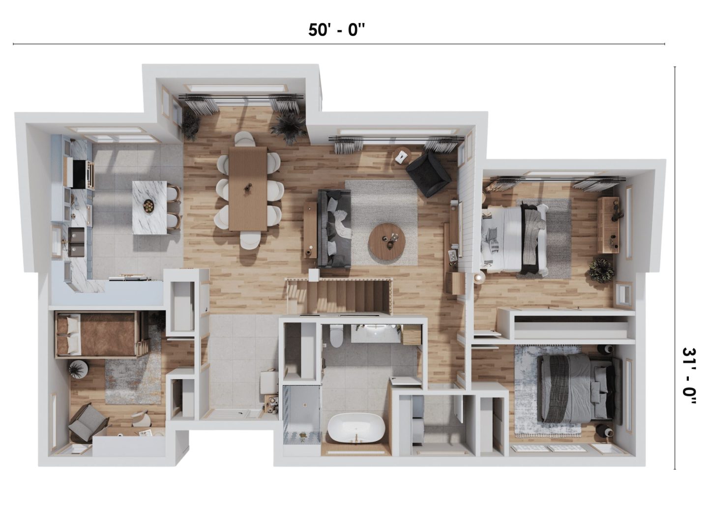 L'Esplanade is a Mediterranean-style chalet. 3D plan view.