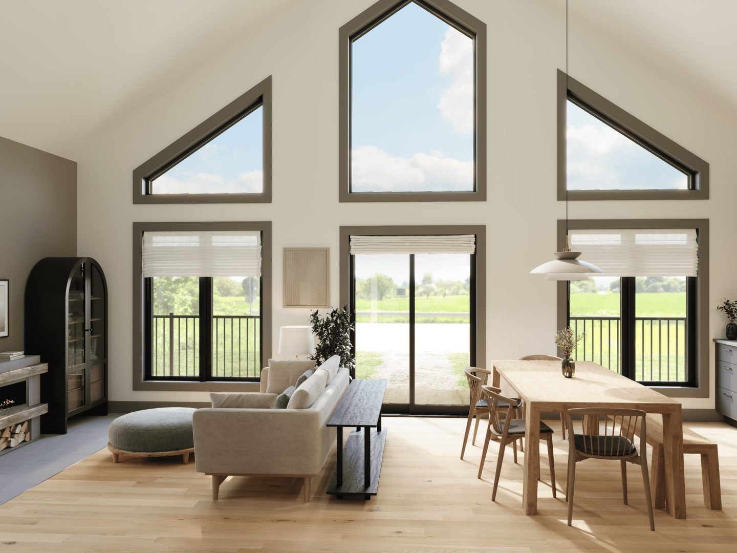 Faucon is a classically styled chalet. View of the living room with windows.