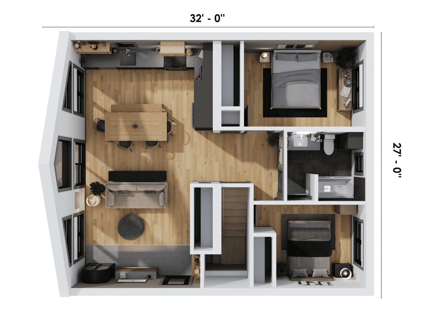 3D plan view .Faucon is a classically styled chalet.