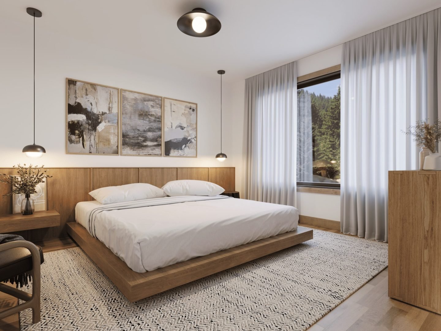 Chalet model called Horizon. Contemporary styling from the bedroom.