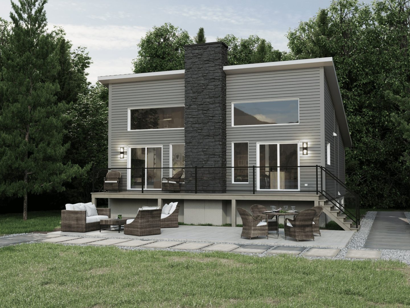 Chalet model called Horizon. Contemporary styling from the outside.