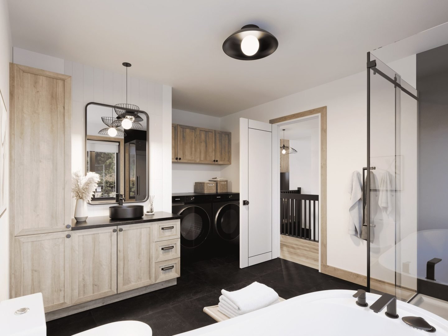 Chalet model called Horizon. Contemporary styling from the bathroom.