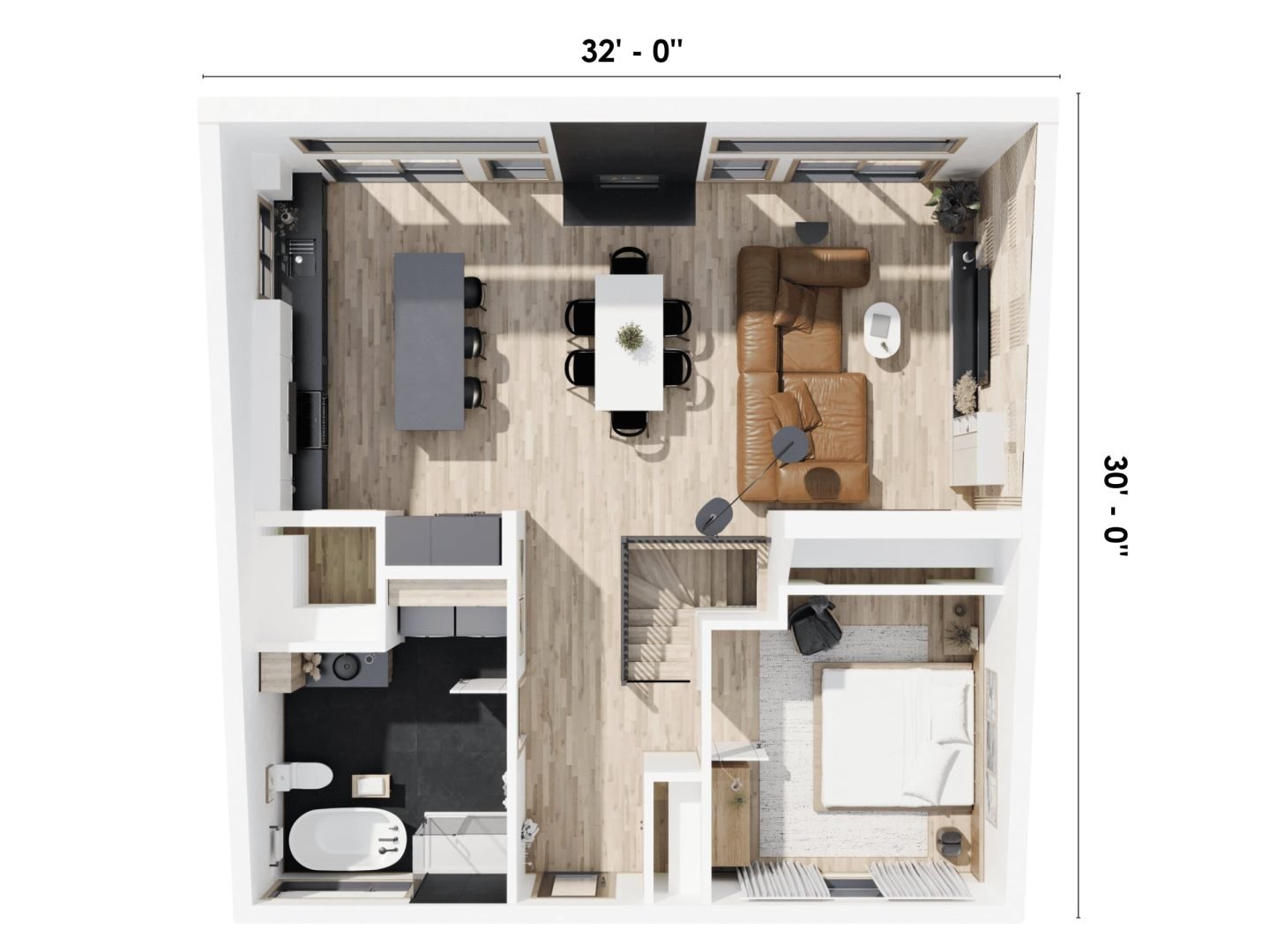 Chalet model called Horizon. Contemporary styling seen from the 3D plan with measurements.