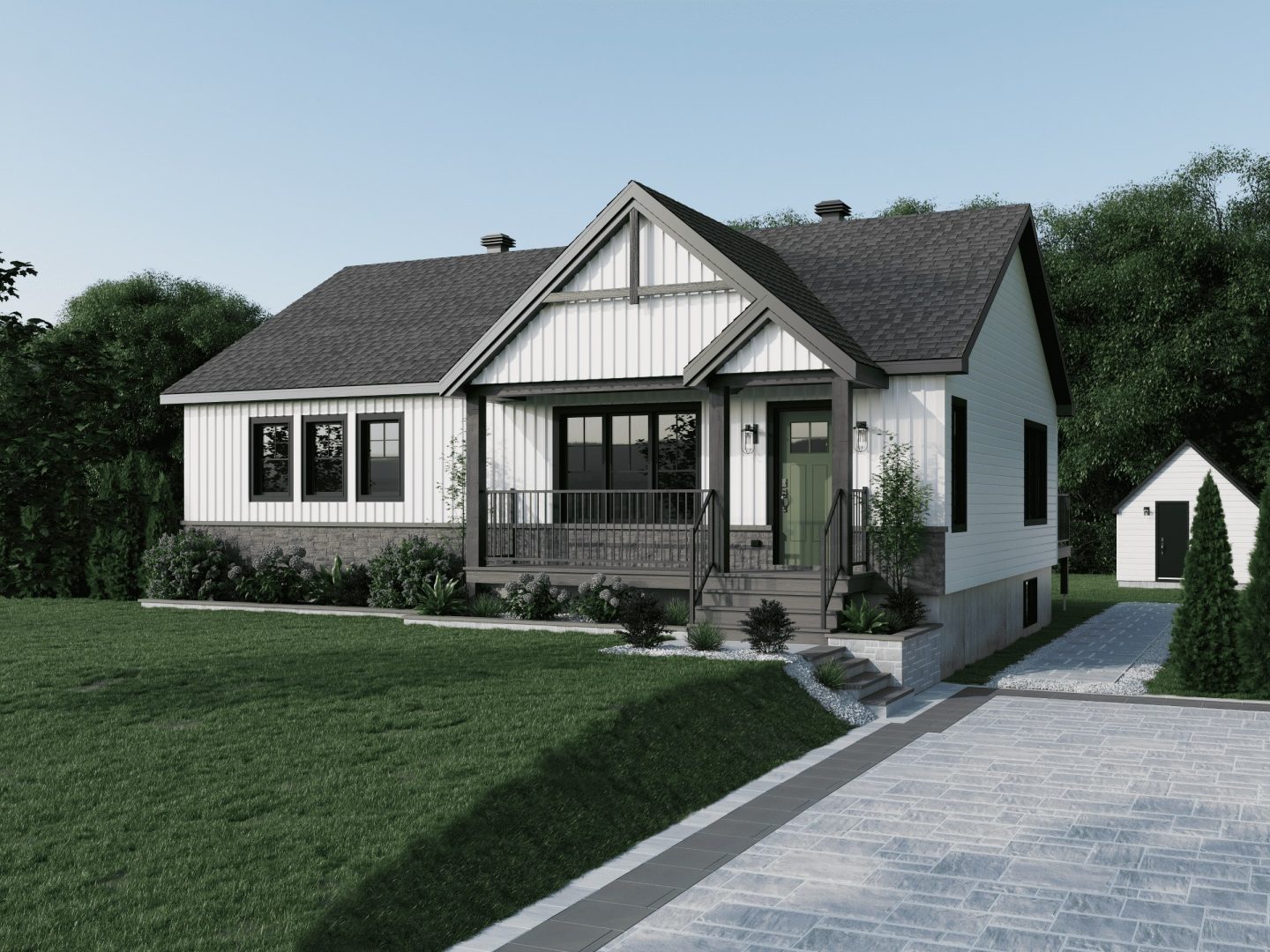 Modèle Kalmia, une maison plain-pied de style contemporain. Vu de l'extérieur.