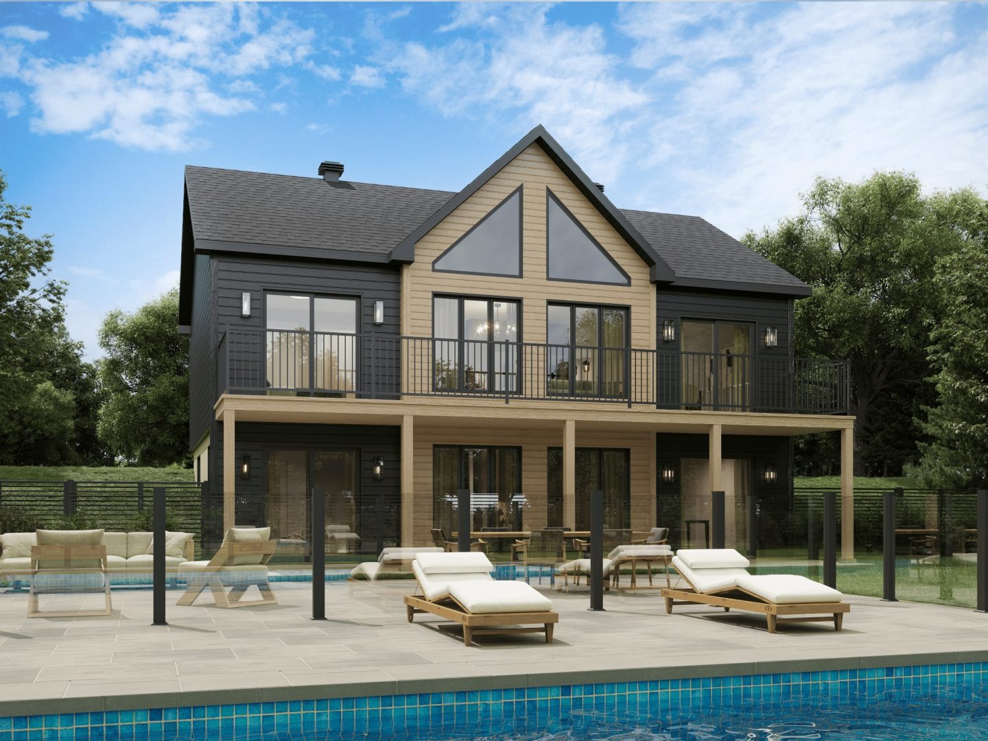 The Merle model is a contemporary-style chalet. View from the outside.