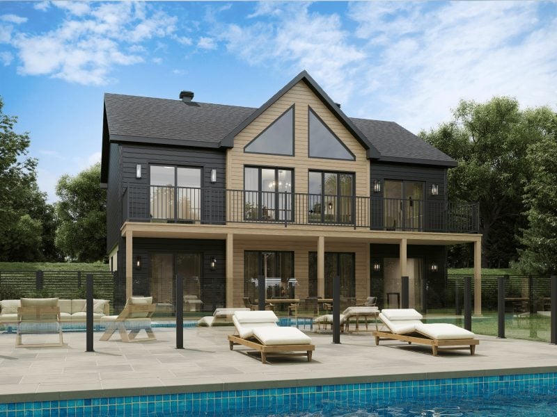 The Merle model is a contemporary-style chalet. View from the outside.