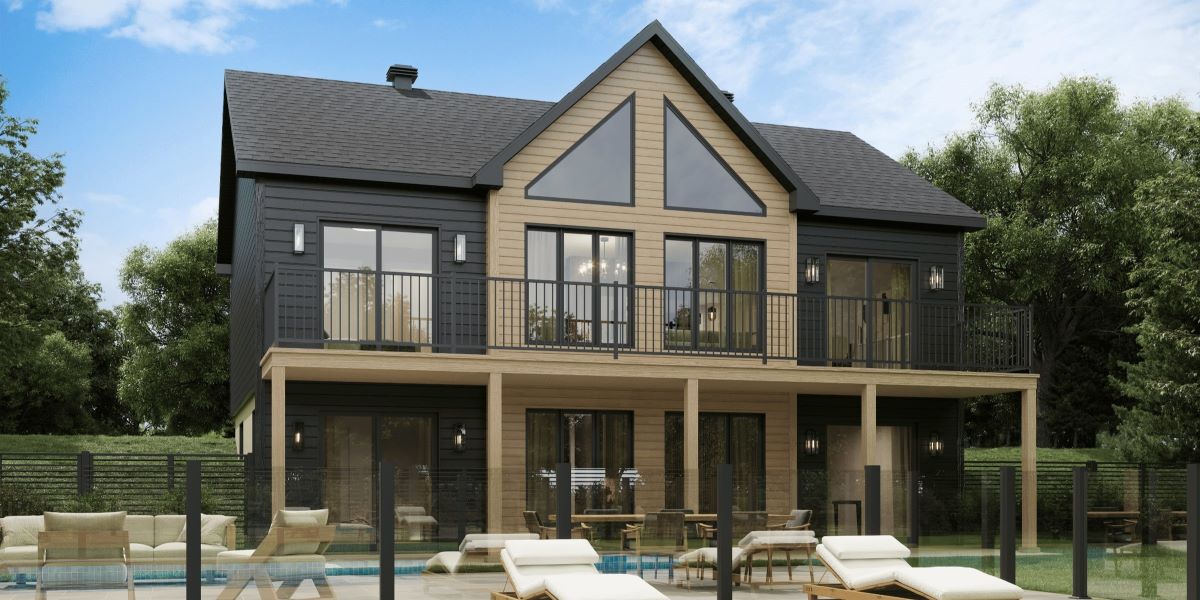 The Merle model is a contemporary-style chalet. View from the outside.