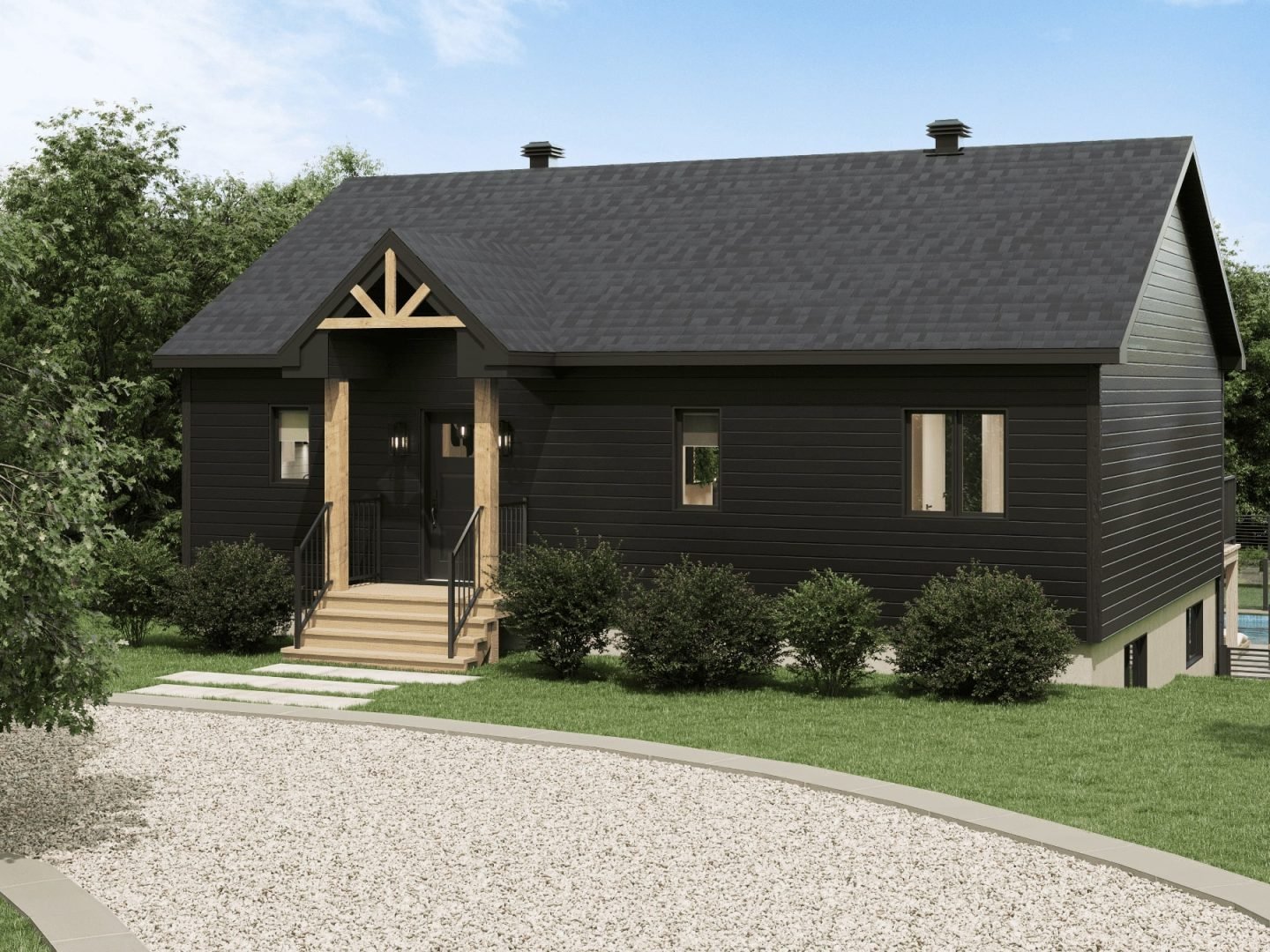 The Merle model is a contemporary-style chalet. Exterior front view.