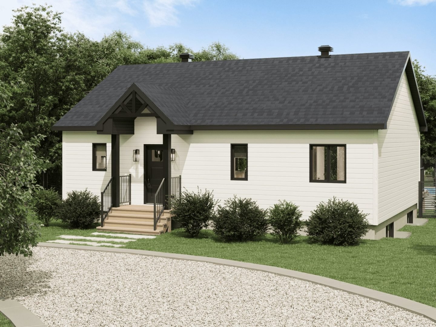 The Merle model is a contemporary-style chalet. Exterior front view.