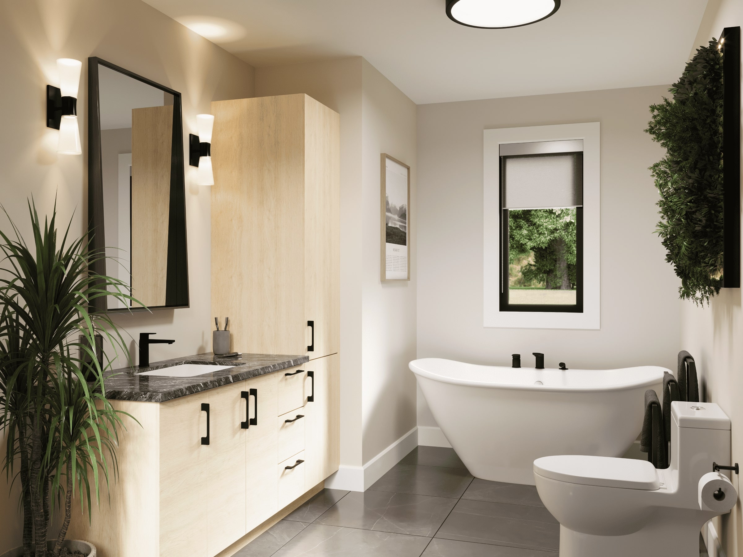 Le modèle Merle est un chalet de style contemporain. Vue de la salle de bain